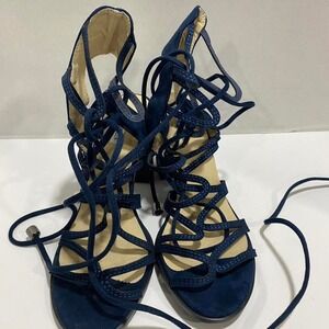 Cape Robbin Navy blue lace up block heel sandals  open toe women 8. SKU485